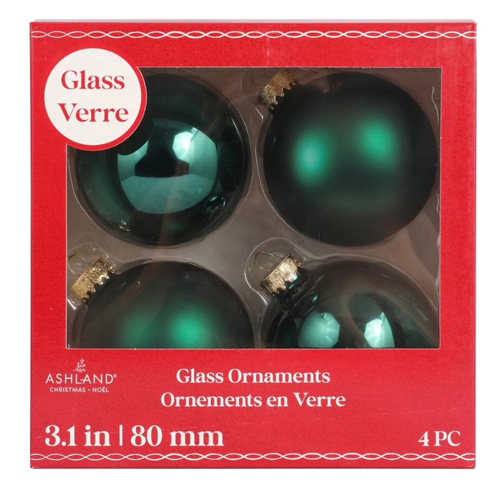 Ashland Emerald Green Glass Christmas Ornaments - 4 Pack 3.1”